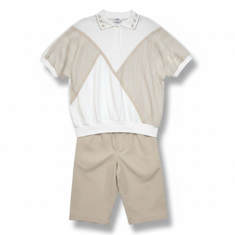Cricket Lane Colorblock Polo Top and Pants Set White Tan Large USA Made Vintage